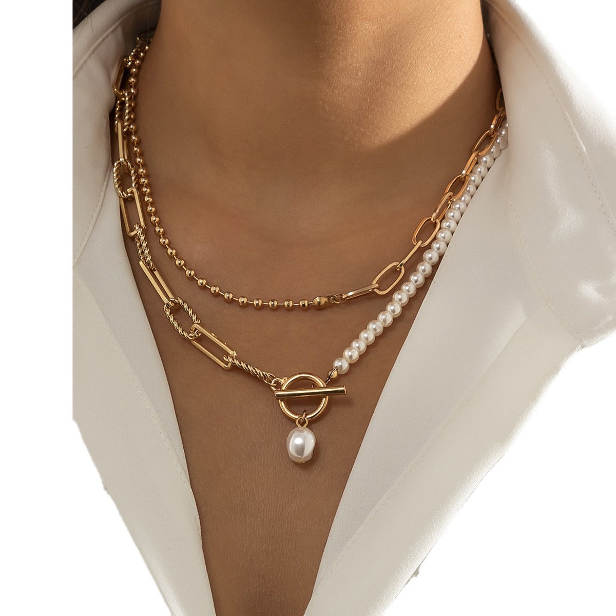 European And American Cross-border Jewelry Fashion Long Round Bead Chain Stacked Wearing Necklace Retro Style Personality Pearl Otbuckle Necklace