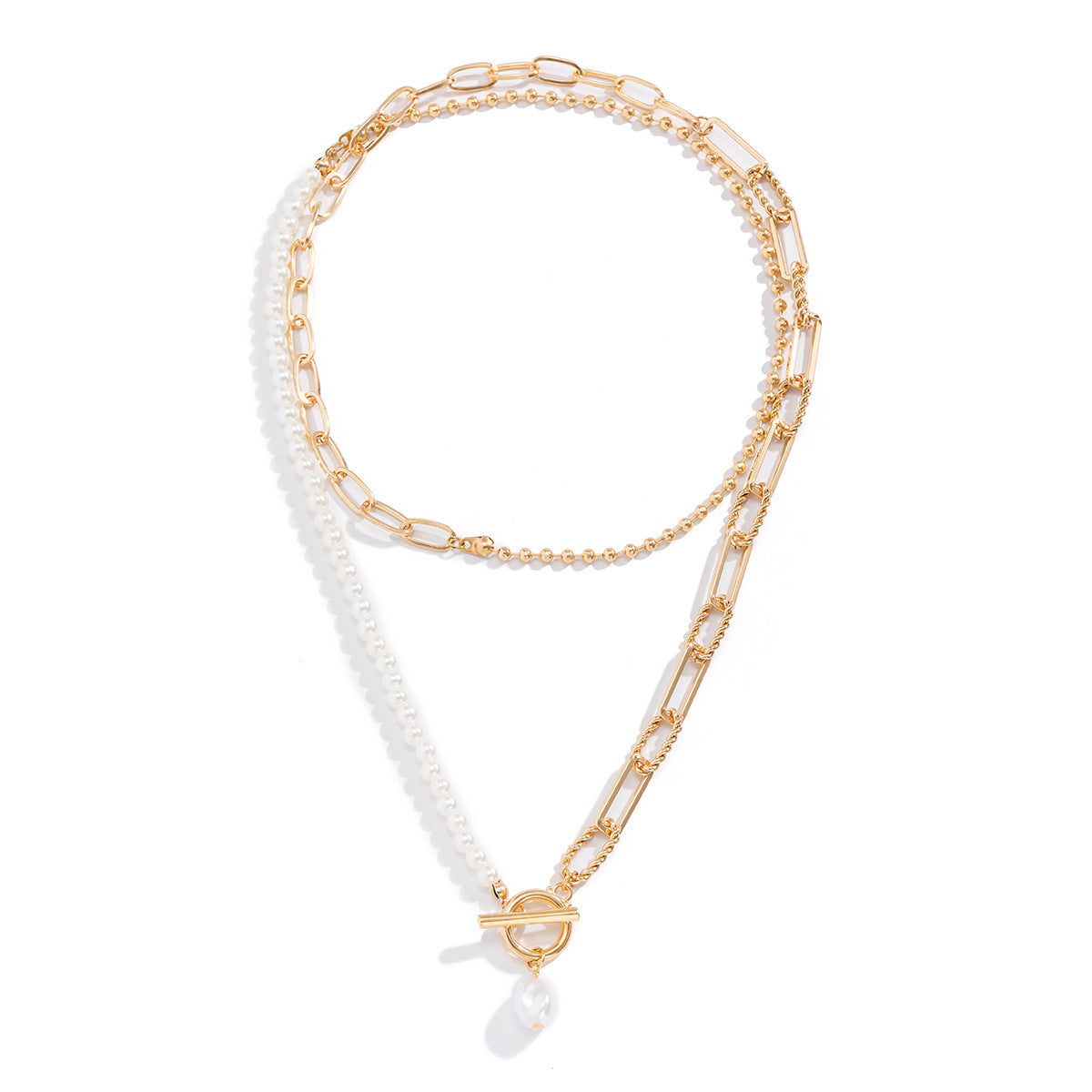 European And American Cross-border Jewelry Fashion Long Round Bead Chain Stacked Wearing Necklace Retro Style Personality Pearl Otbuckle Necklace
