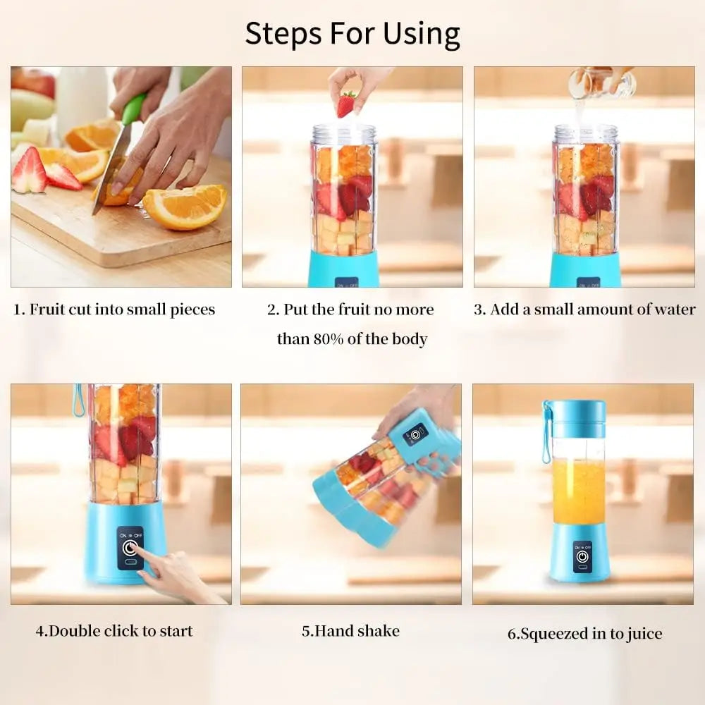 Portable Electric USB Juicer Blender Cup - Mini Blender for Shakes, Smoothies & Juice - 380ml, Six Blades - Blue
