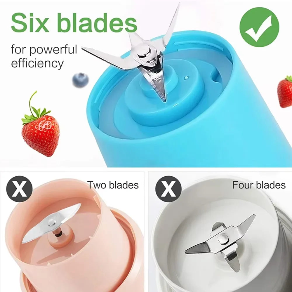 Portable Electric USB Juicer Blender Cup - Mini Blender for Shakes, Smoothies & Juice - 380ml, Six Blades - Blue